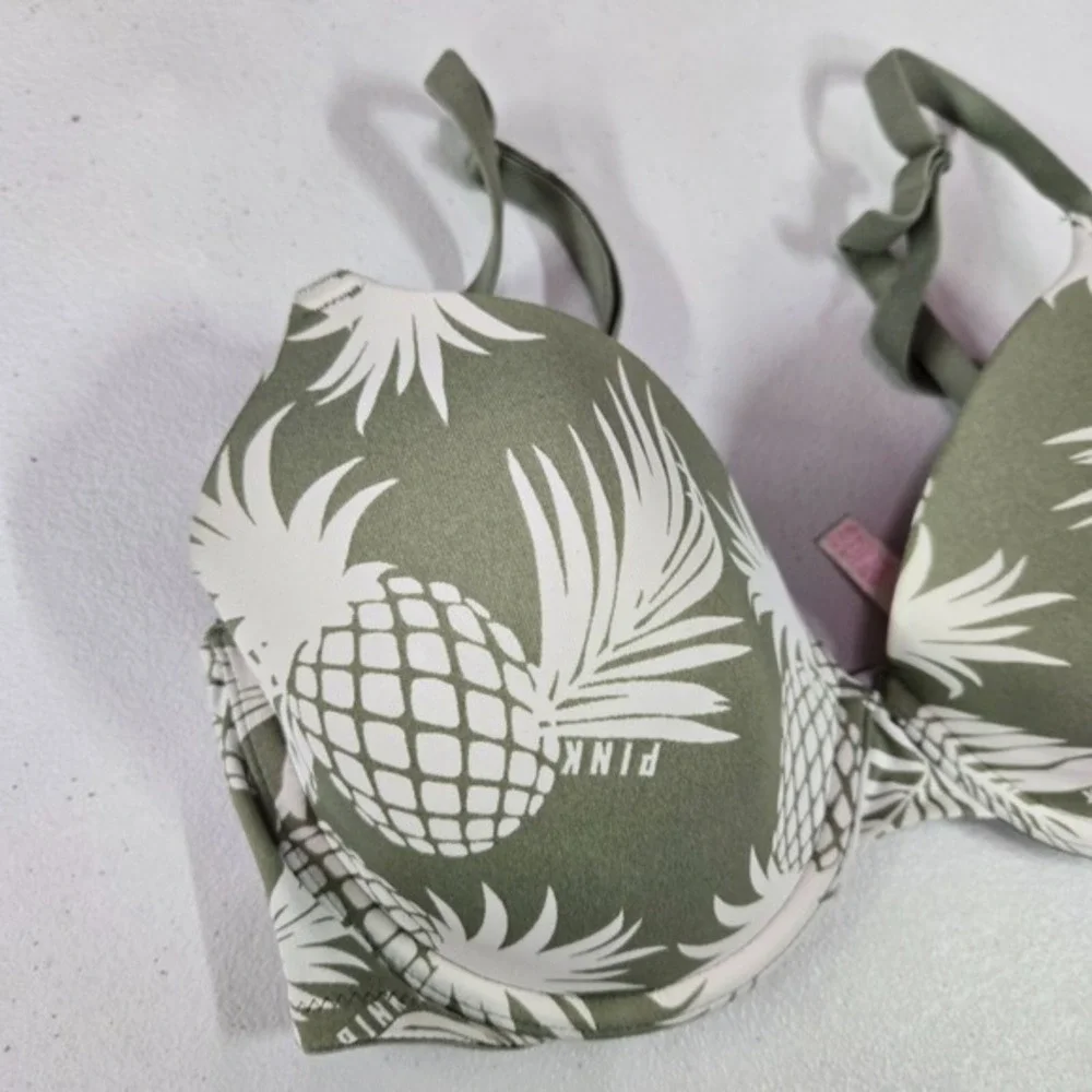 Victoria Secret PINK Women Bra 32DD Green T Shirt Lightly Lined Pineapple‎